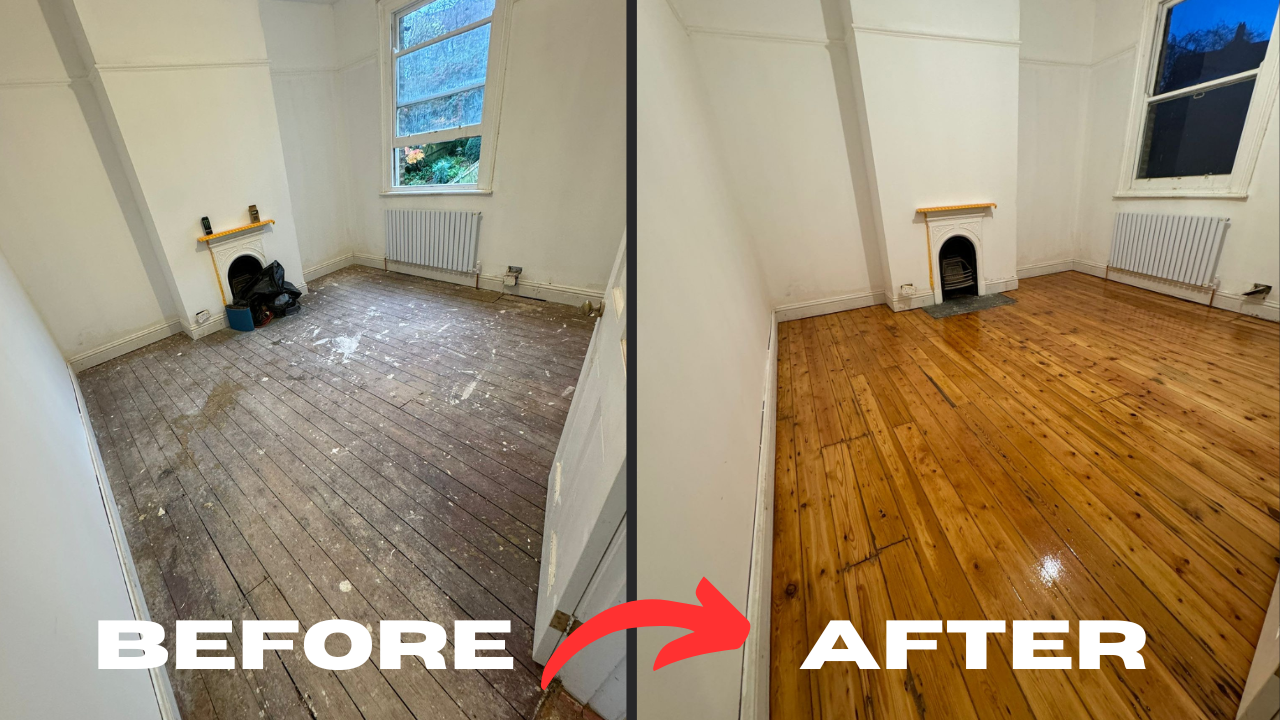 Eco-Friendly Wood Floor Sanding in London – dramatic before-and-after of Isleworth solid pine floorboards transformed from paint-splattered grey to a rich, polished finish.