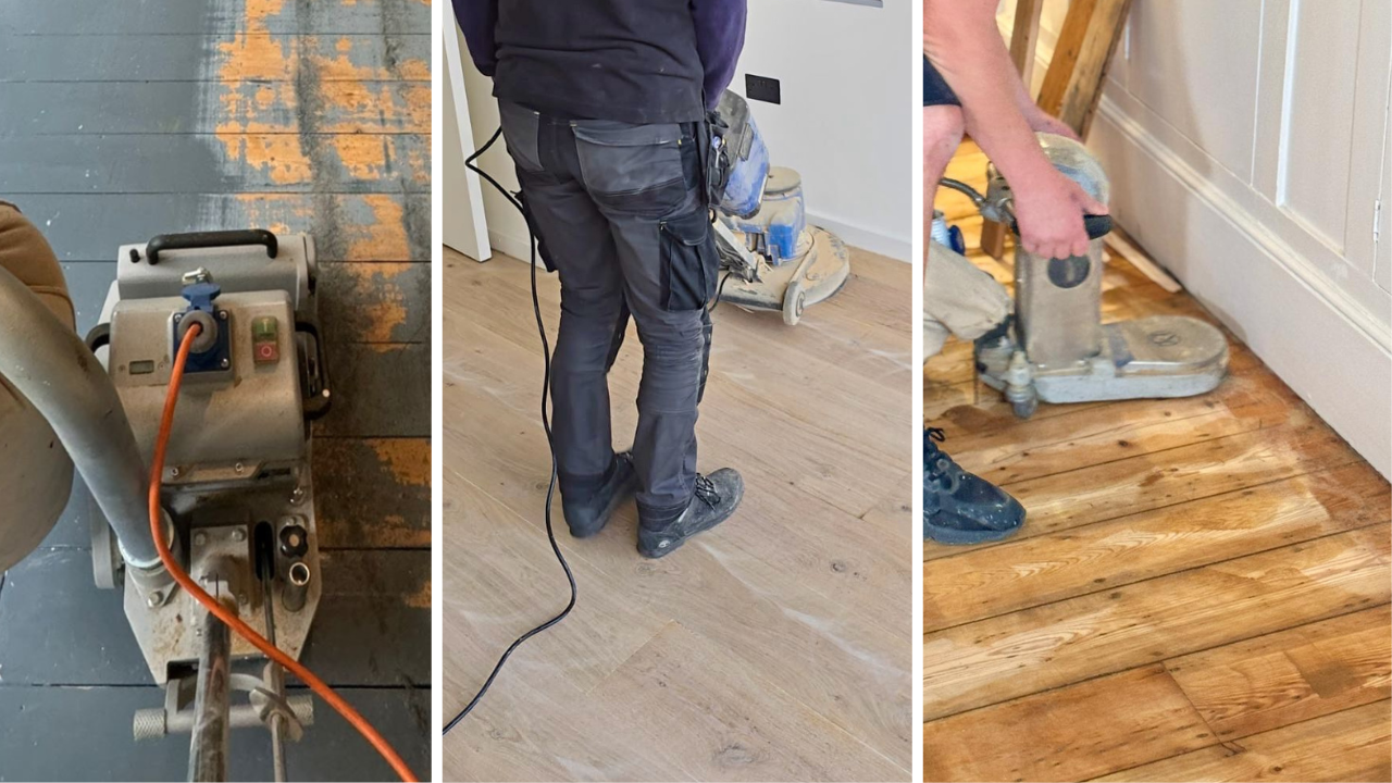 Collage of belt and edge sanders restoring Victorian oak and pine boards during Transforming Victorian Boards.
