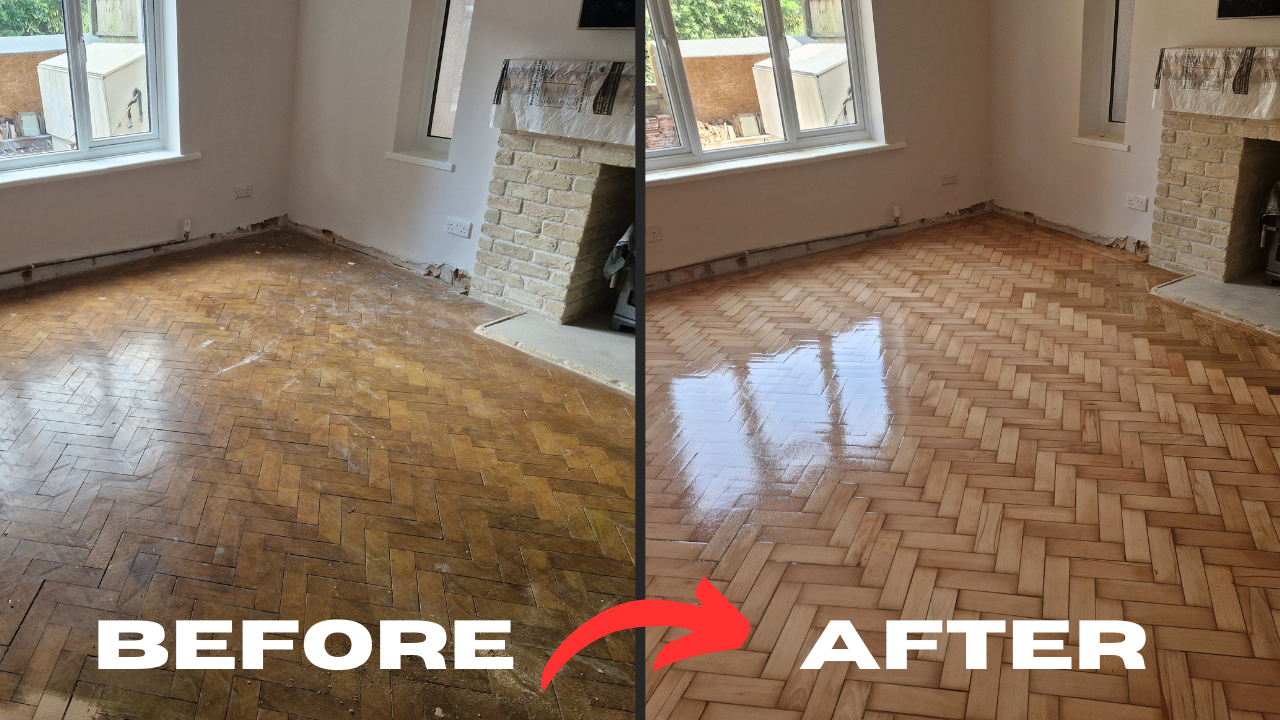 Heritage Parquet restoration in Isleworth — before-and-after of an oak herringbone parquet wood floor sanded, colour balanced and sealed to a calm sheen.