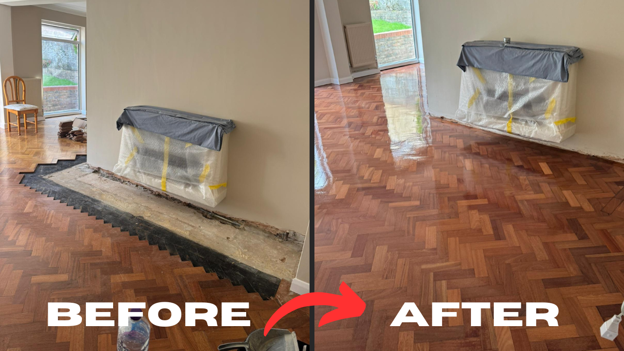 Heritage Parquet restoration in Isleworth — before-and-after of an oak herringbone parquet wood floor, showing lifted blocks relaid and a freshly protected, even sheen.
