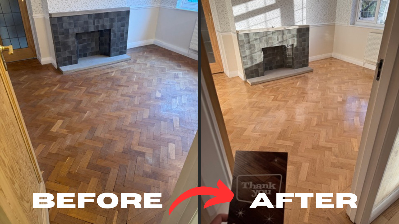 Parquet Floor Sanding in Isleworth showing a before-and-after transformation of an oak herringbone parquet living room floor restored to a bright, smooth finish.