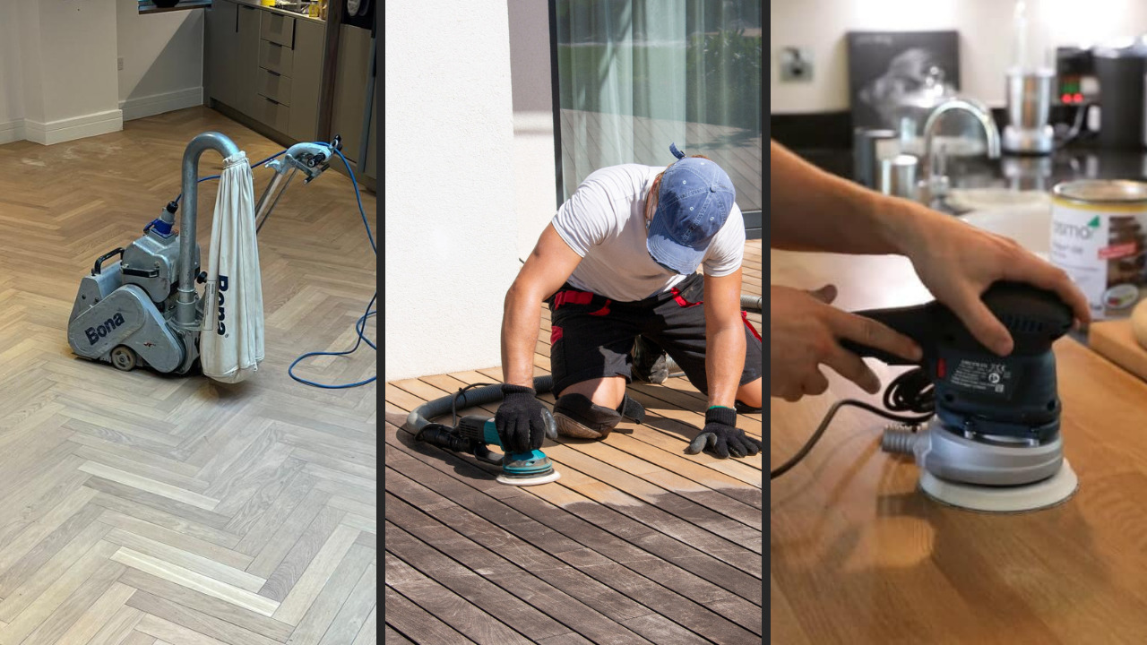 Parquet Floor Sanding in Isleworth on an oak herringbone floor alongside expert deck sanding and oak worktop refinishing services.