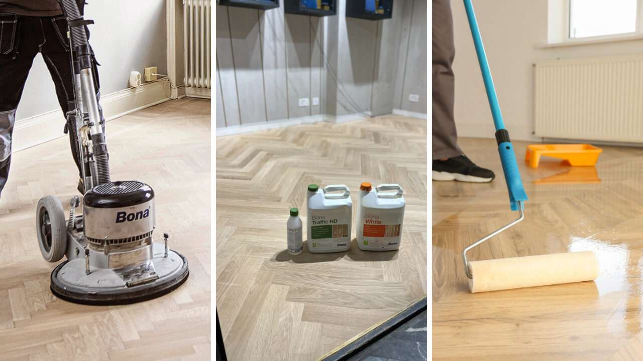 : Parquet Floor Sanding in Isleworth on an oak herringbone parquet floor, showing sanding, sealing and finishing stages with professional Bona products.