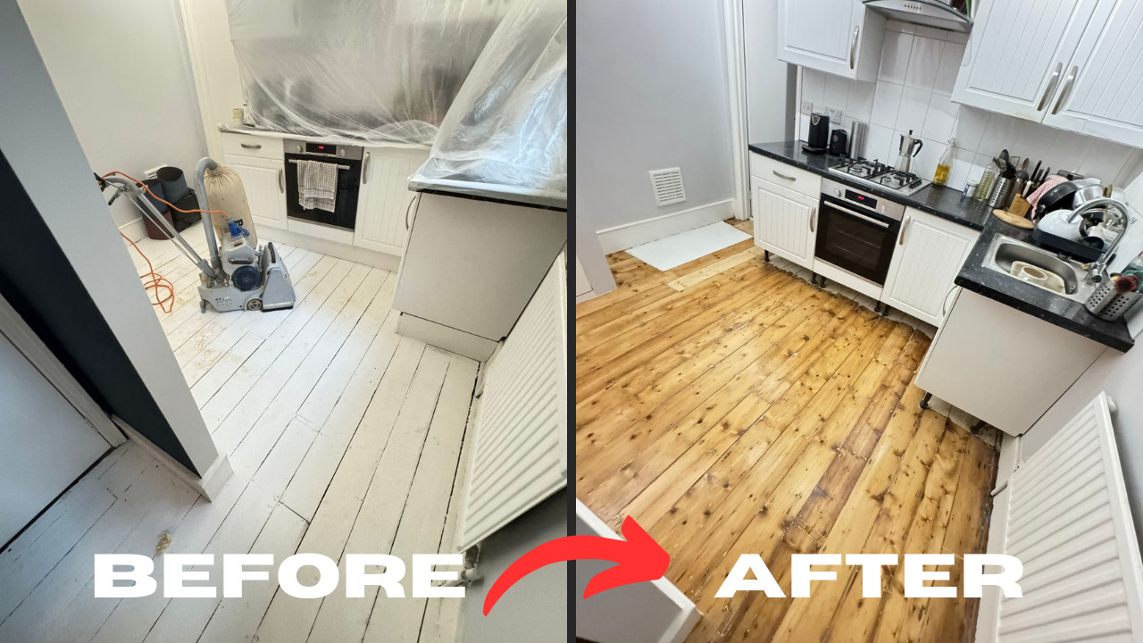 Wood Floor Sanding in Isleworth kitchen – before and after of painted pine floorboards sanded back to natural timber and sealed for a warm, timeless finish.