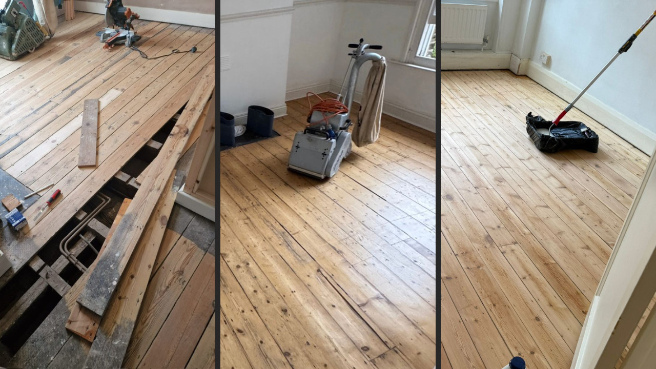 Three-stage Wood Floor Sanding in an Isleworth living room, showing original softwood pine floorboards being repaired, professionally sanded and finished to a smooth, natural timber surface.