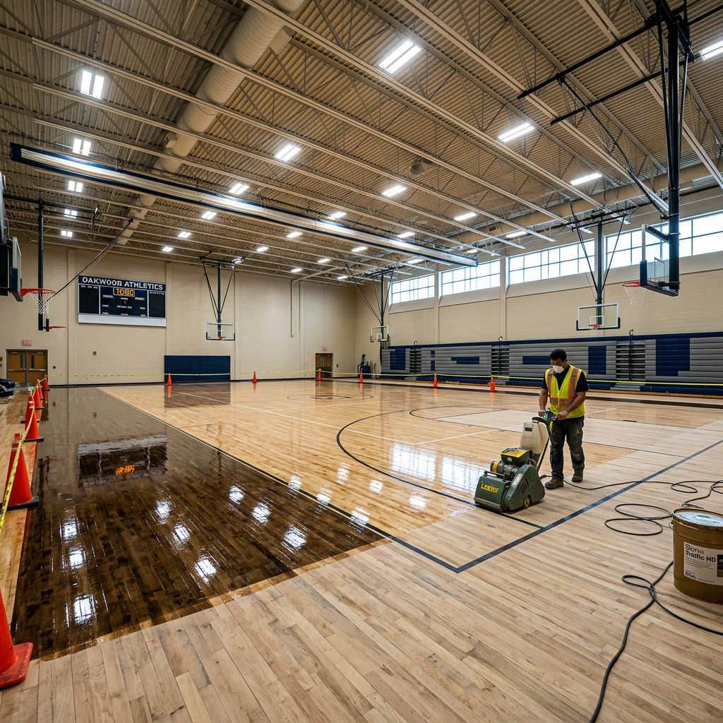 High-gloss maple sports hall floor being refinished