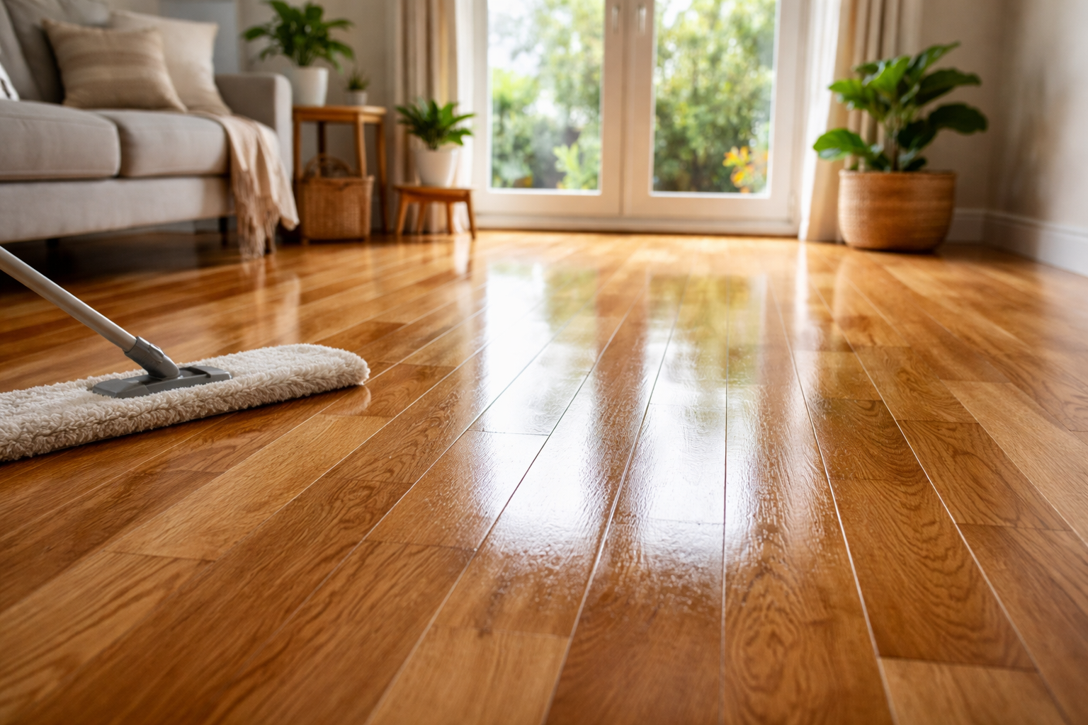 Freshly lacquered oak floor in a bright Isleworth living room with natural sunlight and a soft cleaning mop nearby