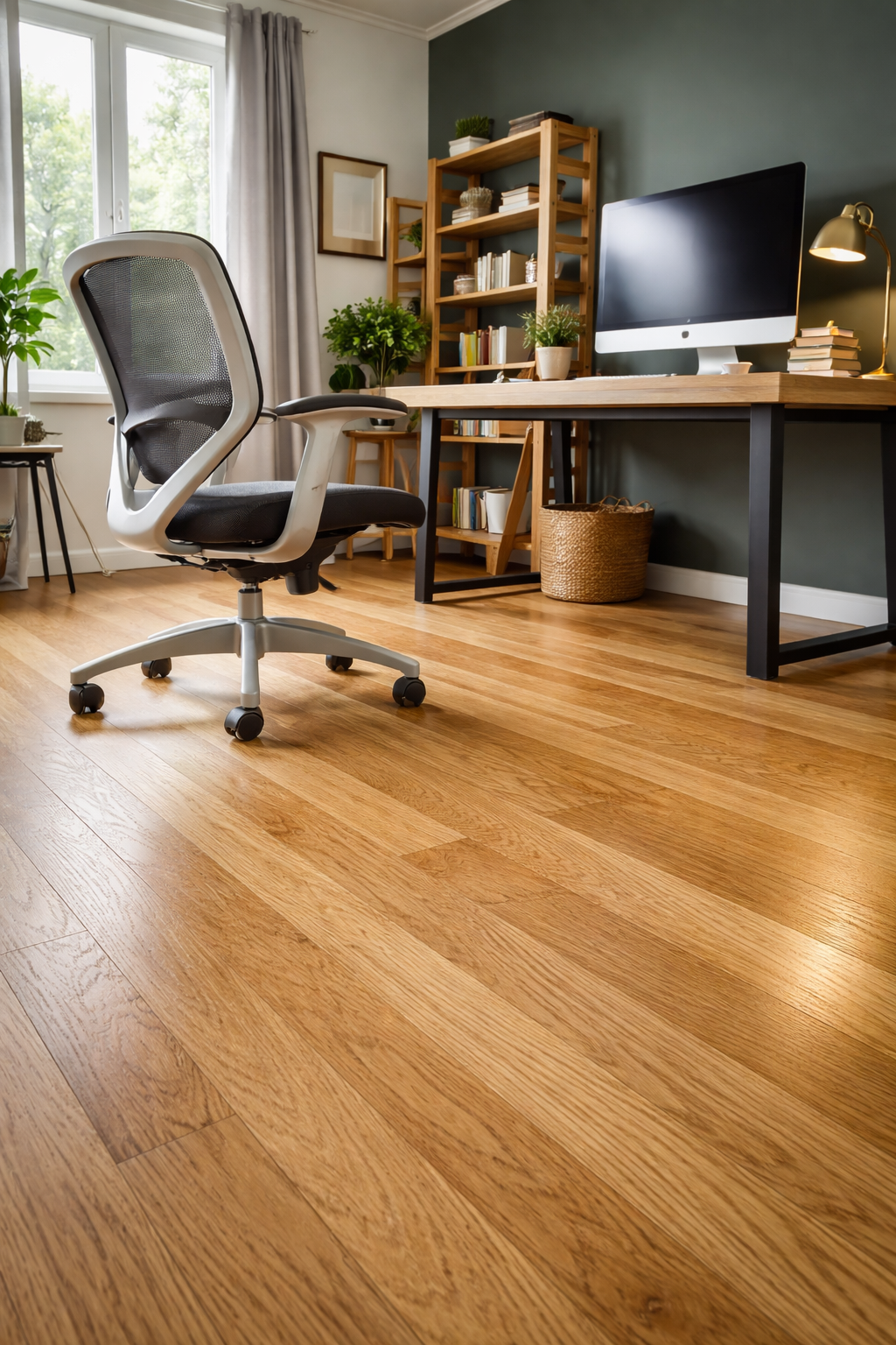 Home Office Wood Floor Finished with Bona Traffic HD in Isleworth Modern home office with a rolling desk chair on newly finished oak wood flooring in an Isleworth property