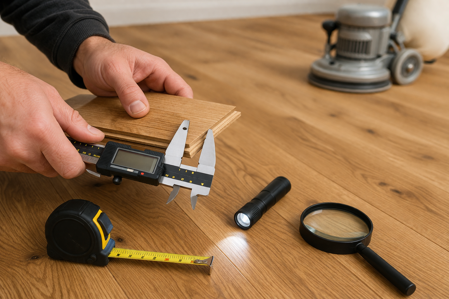 Close-up of an engineered oak floor board with visible wear layer being measured using digital callipers during a floor sanding assessment in an Isleworth home.