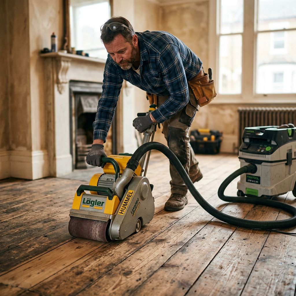 Tradesman using Lagler Hummel on Victorian pine floorboards
